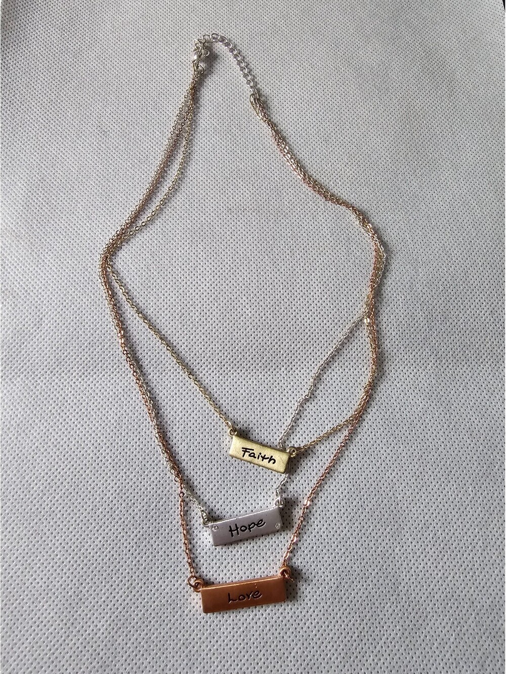 Faith Hope Love Layered Necklace Three Tone Bar Pendant Adjustable Chain